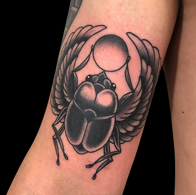Hampstead Dung Beetle Tattoo On Leg